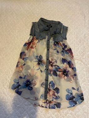 Papillon Blanc Light Blue Denim-Trim Floral Shirt Dress